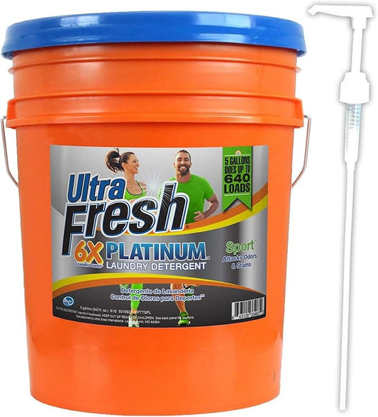 Ultra Fresh Platinum Sport 5 Gallon 6x Laundry Detergent Suitable for All Machine Type and Up to 640 Laundry Loads with Pump (3 Pack)
