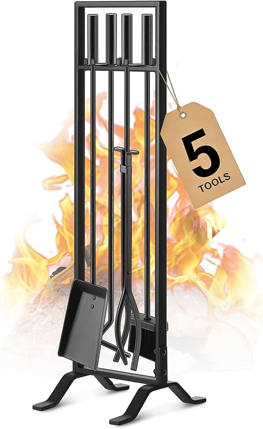 Gtongoko Premium 5 Pcs Wrought Iron Fireplace Tools Set for Outdoor/Indoor,Fire Place Set Tools Include Poker,Tongs, Shovel,Brush and Stand Accessories Set,Black