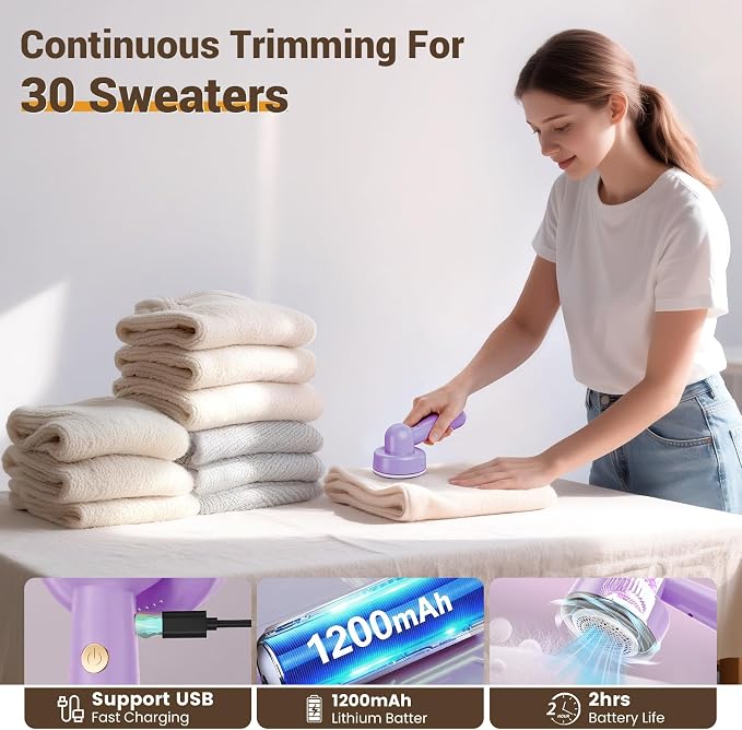 DBC Fabric Shaver & Lint Remover for Clothes, Sweaters & Furniture | 6-Leaf Blade, 3 Speeds, 2H Runtime, Portable Design Perfect for Travel, Includes 2 Extra Blades, Purple - Image 7