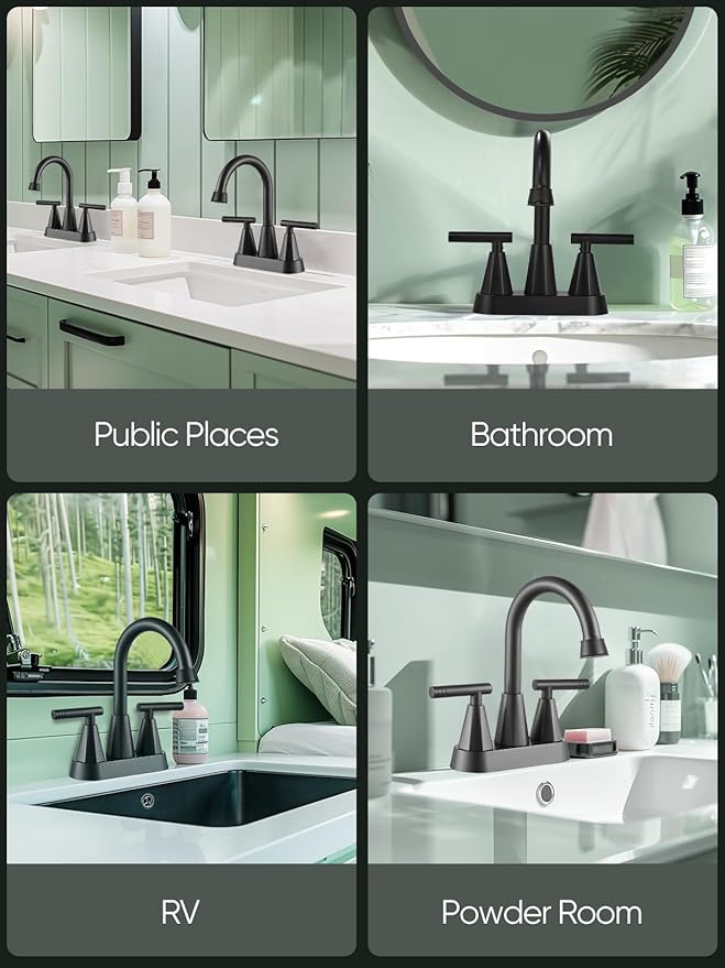 Cobbe Bathroom Faucets for Sink 3 Hole, 4 Inch with Pop Up Drain and 2 Supply Hoses, 2 Handle Centerset Bathroom Faucet for Sink Vanity, Midnight Black Matte, 2 Pack