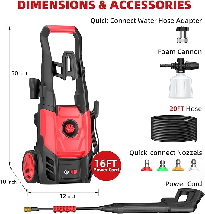 Electric Pressure Washer, 2.5 Max GPM Electric Power Washer with Foam Cannon, Powerwasher with 4 Nozzles, High Pressure Washer for Cars, Driveways, Patios, Decks