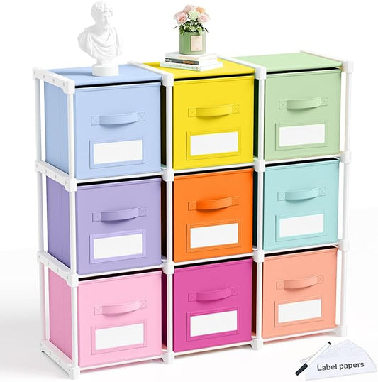 Geelin 9 Sets Cube Storage Organizer Bins with Shelf & Labels 11 Inch, Fabric Collapsible Cubby Toys Clothes Storage Drawer Unit for Daycare Nursery Playroom Bedroom Dorm Organizer (Pastel)