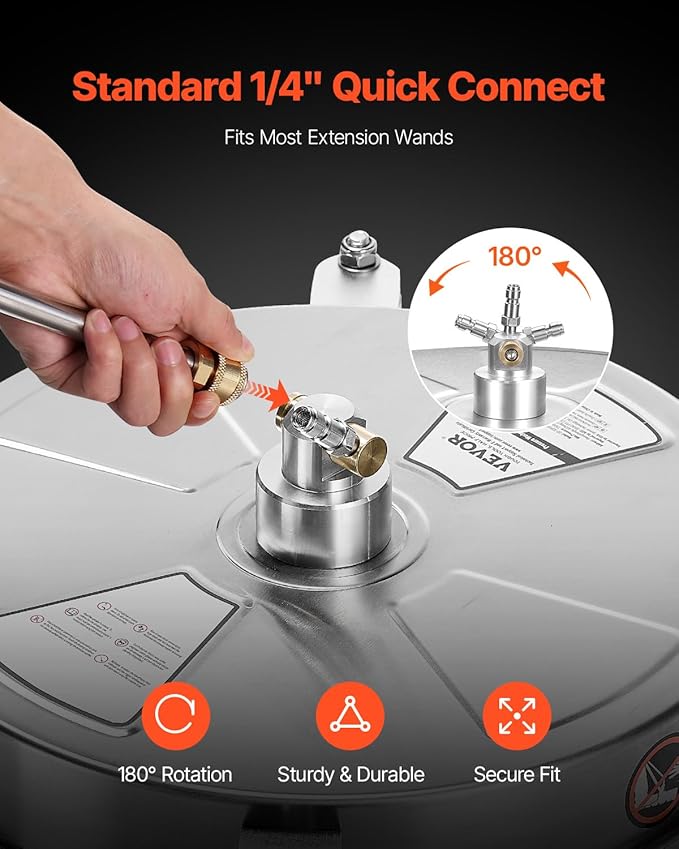 VEVOR 15" Pressure Washer Surface Cleaner, Stainless Steel Pressure Washer Attachments with 4 Wheels, 4000 Max PSI, 1/4 Quick Connector, 2 Spray Nozzles, 2 Extended Wands for Concrete, Patio, Deck