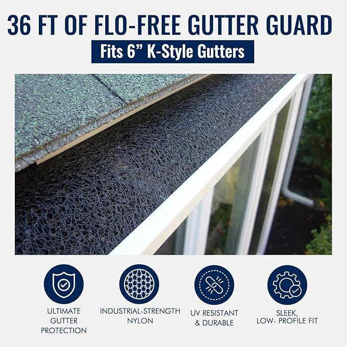 Flo-Free Leaf Guard- 36ft Premium Gutter Guard For 6K Gutters with Patented No-Clog Design- Advanced Gutter Protector Boosts Rain Flow & Stops Debris- Install Leaf Guards for Gutters- No More Cleaning