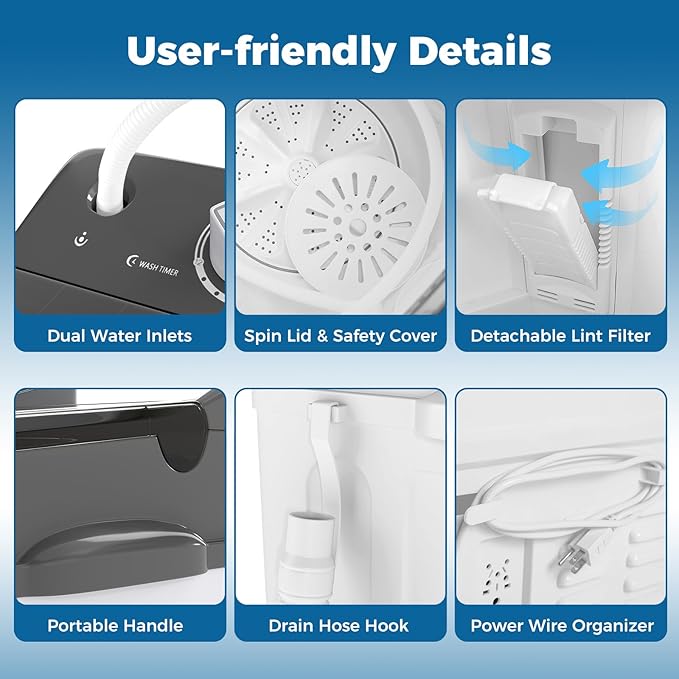 COSTWAY Portable Washing Machine, Twin Tub 20Lbs Capacity, Compact Laundry Washer(12Lbs) and Spinner(8Lbs), Durable Design for Apartment Dorm RV, Grey+White