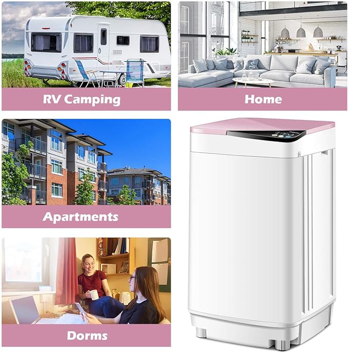 Giantex Full-Automatic Washing Machine Portable Washer and Spin Dryer 7.7 lbs Capacity Compact Laundry Washer with Built-in Barrel Light Drain Pump and Long Hose for Apartments Camping (White & Pink)