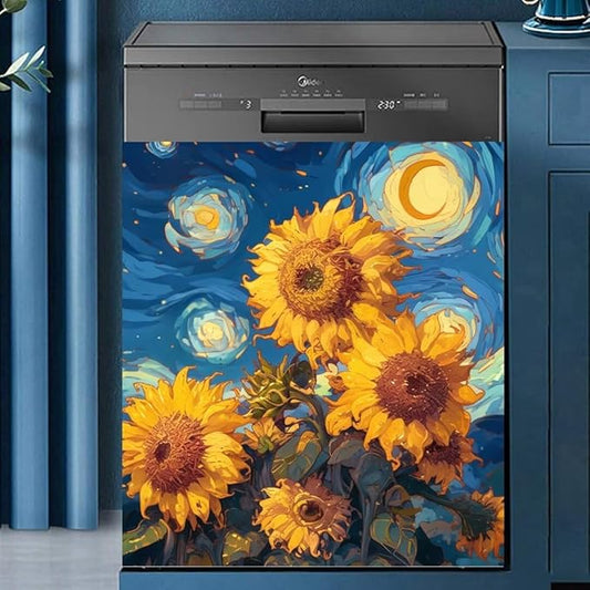 Farmhouse Sunflower Dishwasher Magnetic Covers for The Front, Starry Night Style Flowers Magnetic Dishwasher Sticker, Sunflower Painting Fridge Magnetic Skins Cover - 23" W x 26" H Magnetic