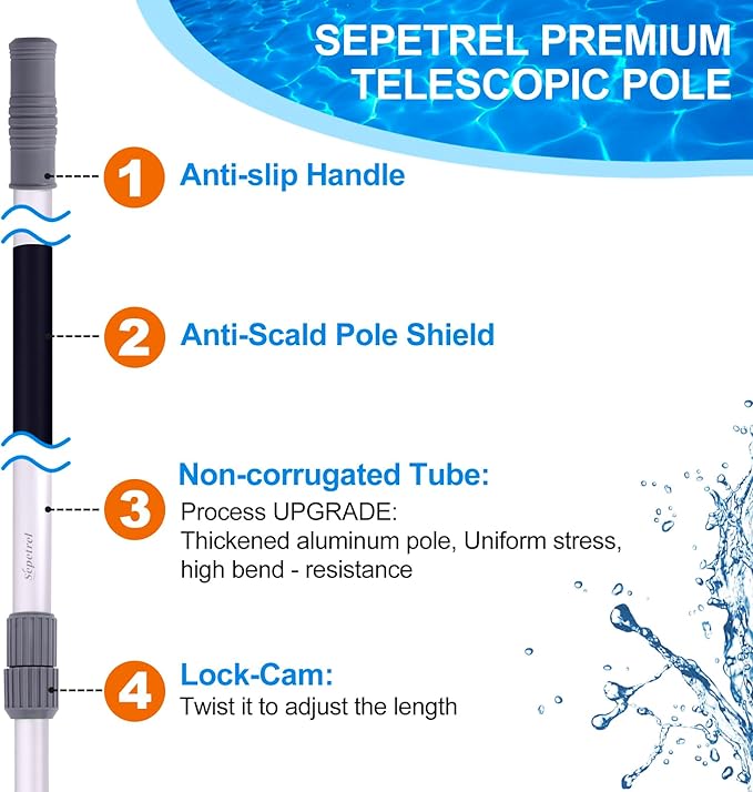 Sepetrel Pool Pole-Upgraded Professional 12 Foot Telescoping Swimming Pool Pole with Threaded Tips,Adjustable Telescopic Poles,for Skimmer Net,Brush,Vacuum Head