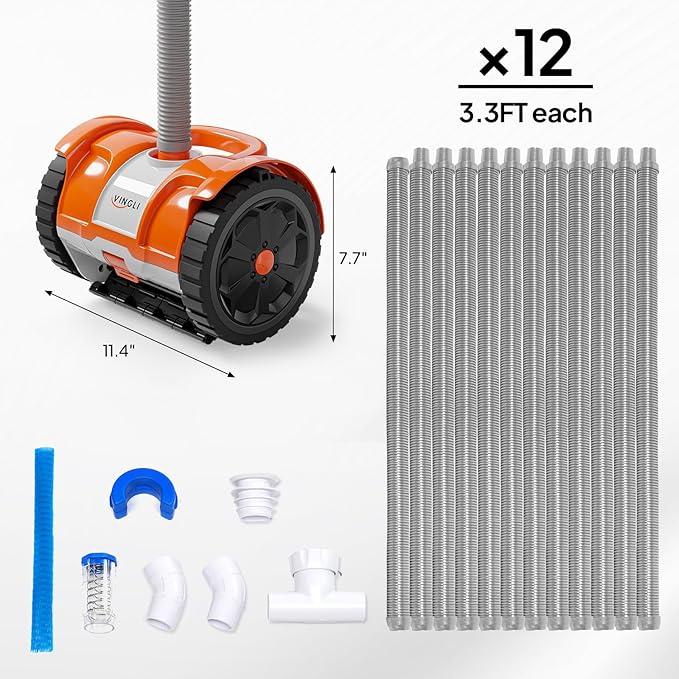 VINGLI Automatic Pool Cleaner for Inground Pools – Suction-Side Pool Vacuum with Powerful Wall-Climbing, 40FT Tangle-Free Hose, Ultra-Quiet Operation – Rich Orange & Gray