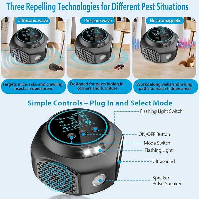 Ultrasonic Pest Repellent Plug in, Mouse Rodent Repellent Indoor Insect Control Traps for Mice Rat Squirrel Bats Roach Spider Ant Bug, Electronic Repelling Device with 3 Mode Switching