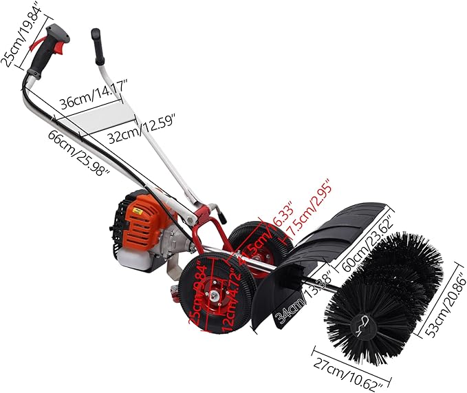 2-Handles 52CC Gas Power Broom, 2.5HP Gas Power Sweeping Broom Walk Behind Broom Driveway Turf Grass Cleaning Sweeping Machine Rotatable Brush Head, 10500rpm
