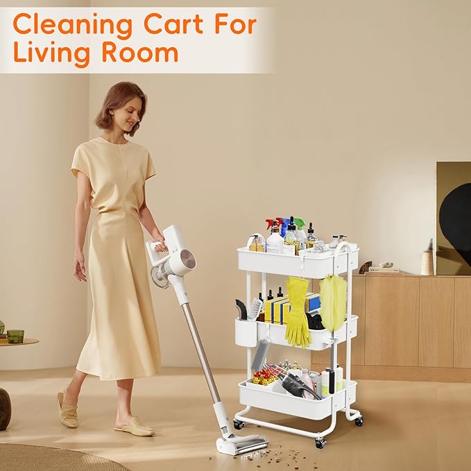 3 Tier Metal Rolling Utility Cart Organizer, Cleaning Supplies Carts with Lockable Wheels, Hanging Cups, Baskets, Mop Holder Hooks, Kitchen Storage Trolley Cart Laundry Garage Bathroom, White
