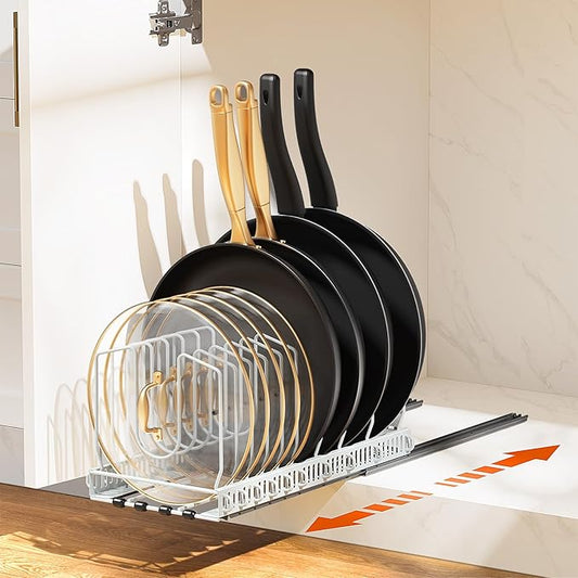 Housolution 1 Pack Pull out Pot Lid Organizer for Under Cabinet, Slide Out Pot and Pan Organizer with 10 Adjustable Dividers, Sliding Pan Holder Storage Rack inside Cabinet, White
