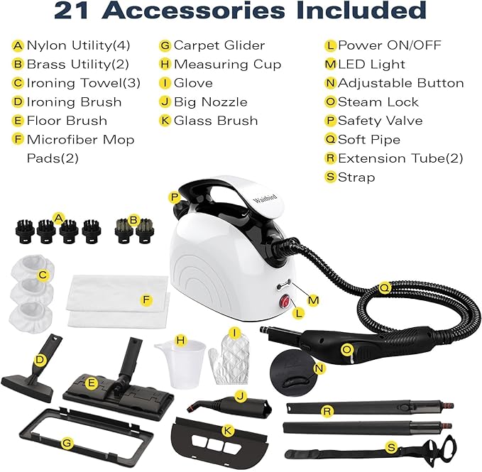 Steam Cleaner, Steam Cleaner For Home, Handheld Steamer For Cleaning With 21 Accessories, 248 °F High Temperature, Suitable for Grout, Floor. Sofas, Upholstery, White