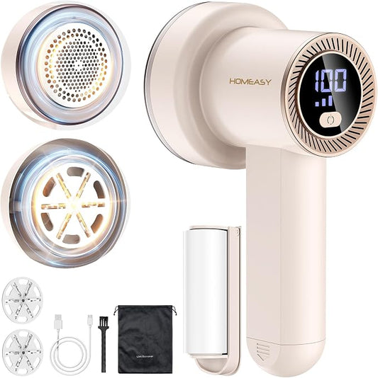 HOMEASY Fabric Shaver, Rechargeable Lint Remover for Clothes Pink | Electric sweater shaver and depiller for Furniture with 70mm head, 6-leaf blades, LED battery display and Type-C charging by HOMEASY