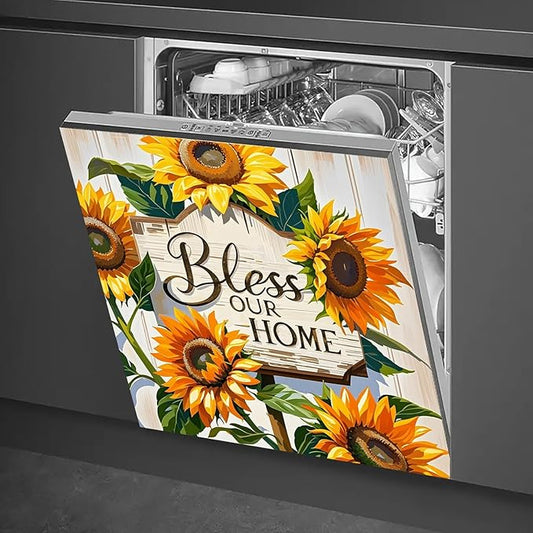 Dishwasher Magnet Cover 23x26 in Country Bless Our Home Sunflower Design on Wooden Board Dishwasher Cover for Kitchen Appliance Decoration Front Panel Sticker Rustic Panel Home Decor Decal