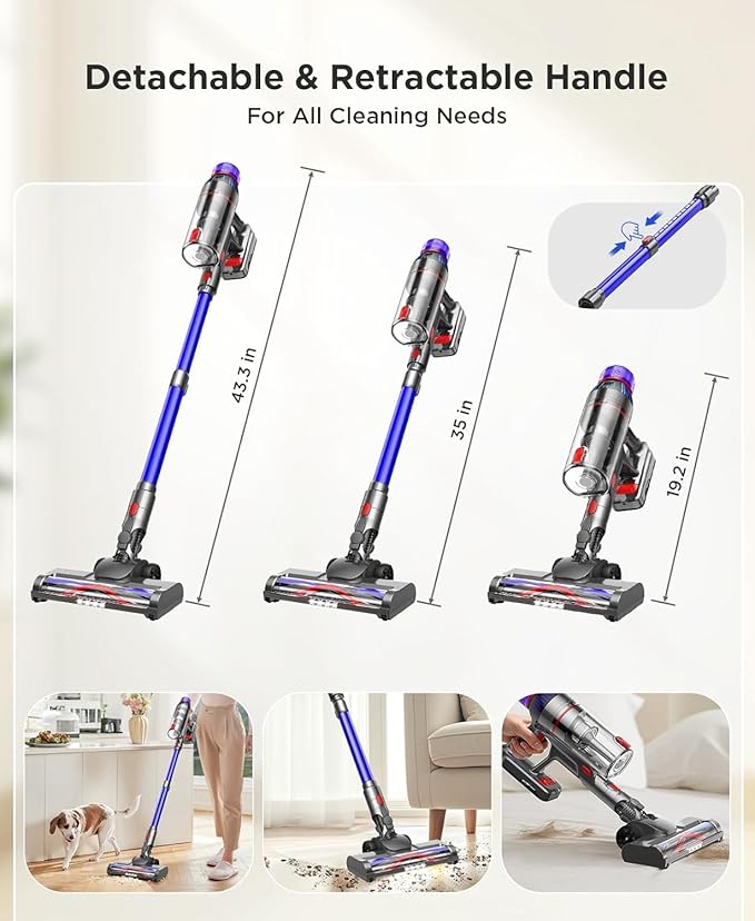 Cuzmok Cordless Stick Vacuum Cleaner for Home: Power Suction Vacuum Tangle-Free Lightweight Design & 2600mAh Detachable Battery Up to 50mins Runtime for Pet Hair Carpet Hardwood Floor