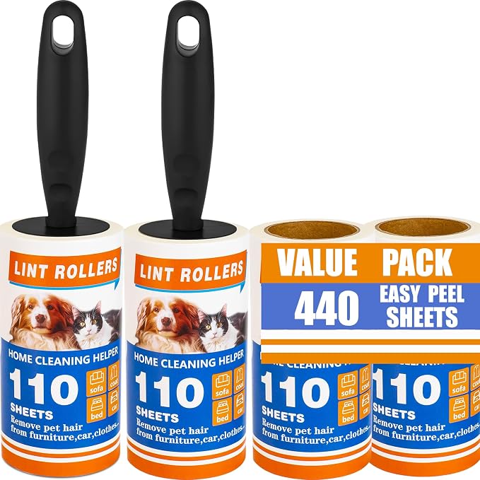 Lint Rollers for Pet Hair Extra Sticky,440 Sheets with 2 Handles, | Perfect for removing dog & cat fur, lint and dust on laundry, sofa, car interiors by Unknown