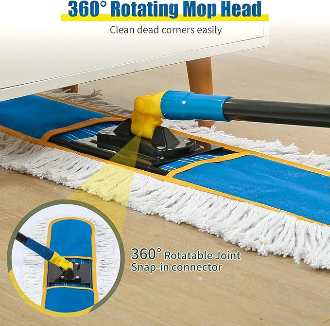 36" Commercial Dust Mop for Floor Cleaning with 2 Cotton Mop Pads, Heavy Duty Industrial Large Floor Duster,Wet Dry Mops for Hardwood Floors,Concrete,Marble, Laminate,Tile,Garage,Blue