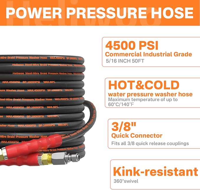 Pressure Washer Gun and Hose Kit, 50FT Kink Resistant 5/16 Power Washer Hose and Wand, 3/8" Swivel Quick Connector & M22-14mm Fitting, 4500 PSI