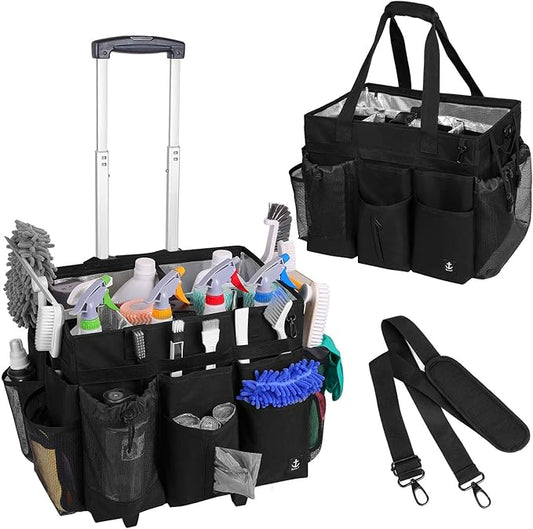 Extra large Rolling Cleaning caddy bag Built-in Hard Support Board,Cleaning Cart with Detachable Trolley, Housekeeping Cleaning caddy with Adjustable Shoulder Strap and Multiple Storage Pockets