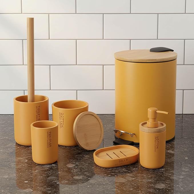 Compact Mustard Yellow Toilet Brush and Holder Set with Natural Bamboo Handle - Durable Toilet Bowl Brush for Deep Bathroom Cleaning