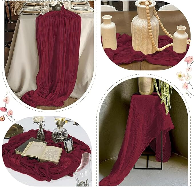 25 Pack Burgundy Red Cheesecloth Table Runner 17 x 108 Inch Gauze Table Runner Fabric Semi Sheer Cheese Cloth Table Decor Bulk for Rustic Romantic Wedding Baby Shower Table Decoration