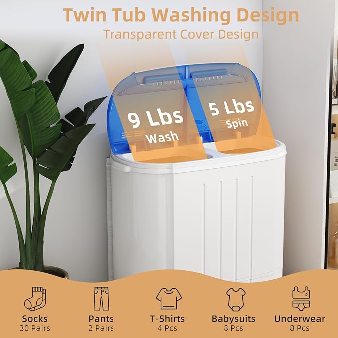 Zynkez Portable Washing Machine, 14Lbs Compact Twin Tub Laundry Washer, Semi-Automatic 9Lbs Washer and 5Lbs Spinner Combo for Apartments, Dorms, RVs