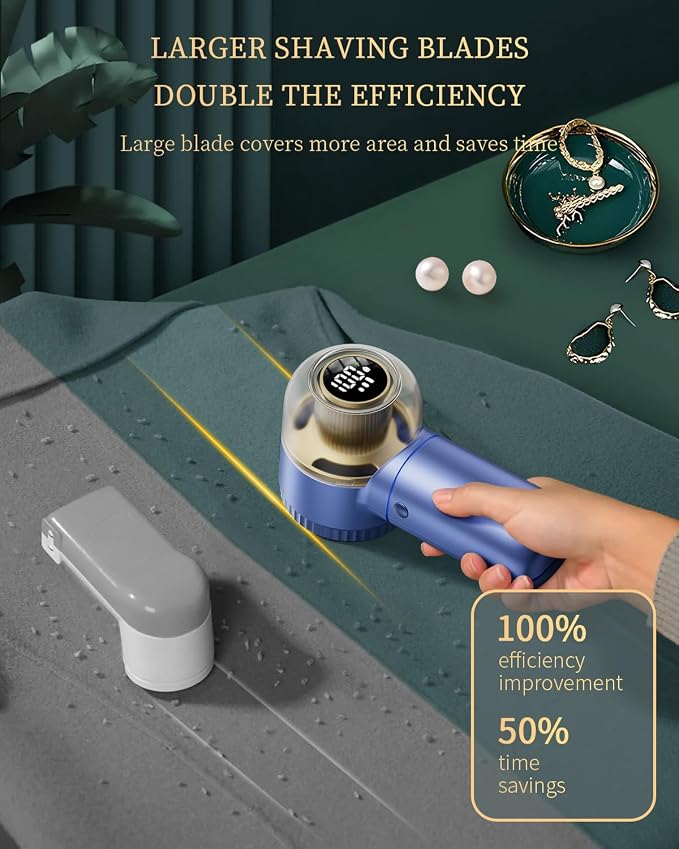 Fabric Shaver with Lint Brush, Large Lint Shaver with Digital Display | 3-Speeds Lint Remover with 6-Leaf Blades, 1200mAh Electric Sweater Shaver to Remove Pilling for Clothes, Furniture - Image 3