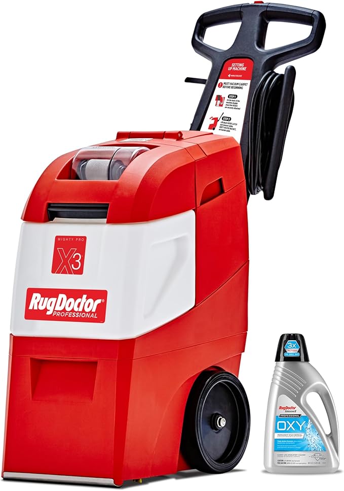 Rug Doctor X3 Commercial Carpet Cleaner – Large Red Oxy Pro Pack, Exclusive Vibrating Brush Spray Scrub and Extract Embedded Dirt and Grime, 48 oz. Oxy Cleaning Solution
