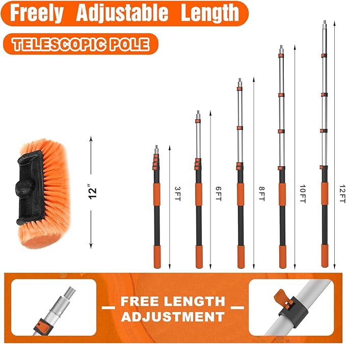 12FT Car Wash Brush with Long Handle, Car Cleaning Brush Kit with Soft Bristle Brush, Window Squeegee, Microfiber Mop, Wheel Brush, Mitt for Cleaning Truck, RV, Boat, Solar Panels