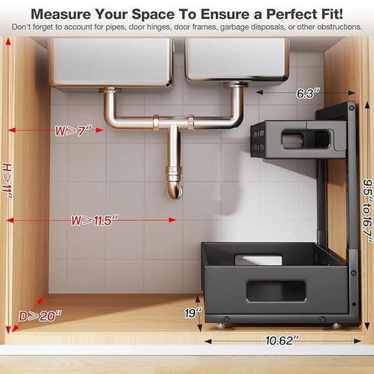 2 Pack 19IN-Depth Under Sink Organizer,Pull Out Cabinet Organizer With Smooth Cylindrical Rail,Metal Slide Out Drawer for Kitchen Bathroom Laundry,8-Level Tool Free Height Adjustable-Black