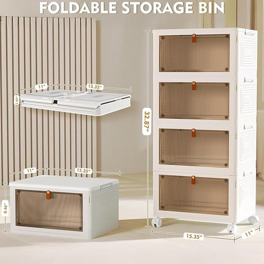 4 Tier Plastic Storage Bins with Lid 23QT, Stackable Storage Containers with Wheels, Folding Storage Boxes, Collapsible Storage Bins, Closet Organizers and Storage for Living Room,Office,Dorm