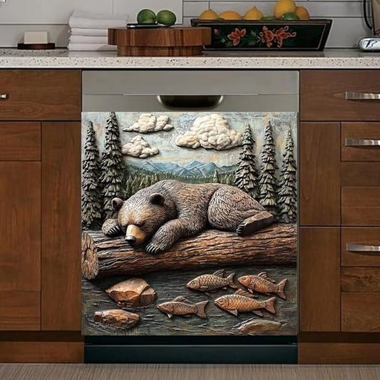 Rustic Bear and Fish Scene Kitchen Decor Dishwasher Magnet Cover Decal, 3D Embossed Wildlife Magnetic Dish Washer Panel Door Vinyl Sticker, Refrigerator Magnets,Easy to Clean, 23 x 26 inch