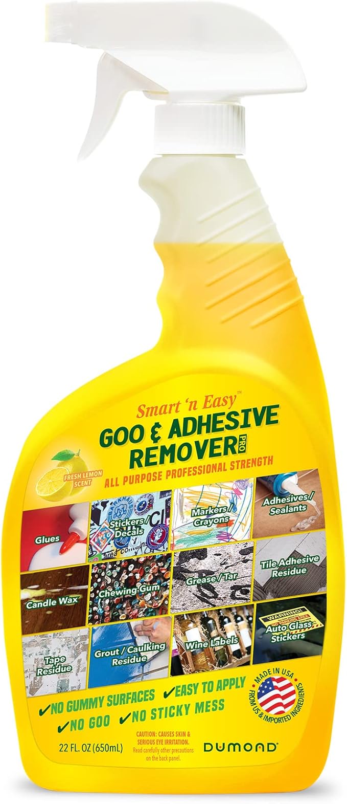 Dumond Smart 'n Easy Goo & Adhesive Remover, Surface Safe, Removes Stickers, Labels, Decals, Tape, Sticky Residue, Chewing Gum, Glue, Grease, Tar, Lemon Citrus Scent, 22oz Spray