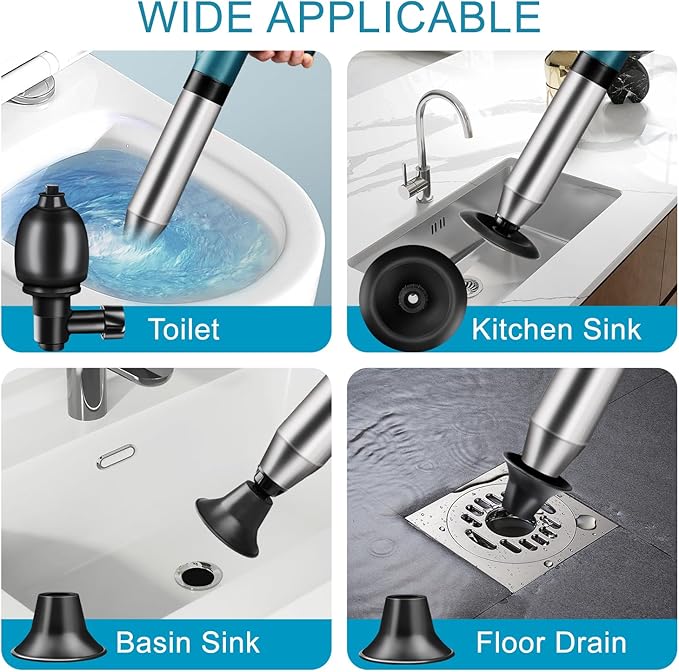 Toilet Plunger Drain Clog Remover: High Pressure Air Drainage Blaster Gun Clog Remover Tool- Stainless Steel Air Plunger for Bathroom, Sink, Floor, Kitchen Clogged