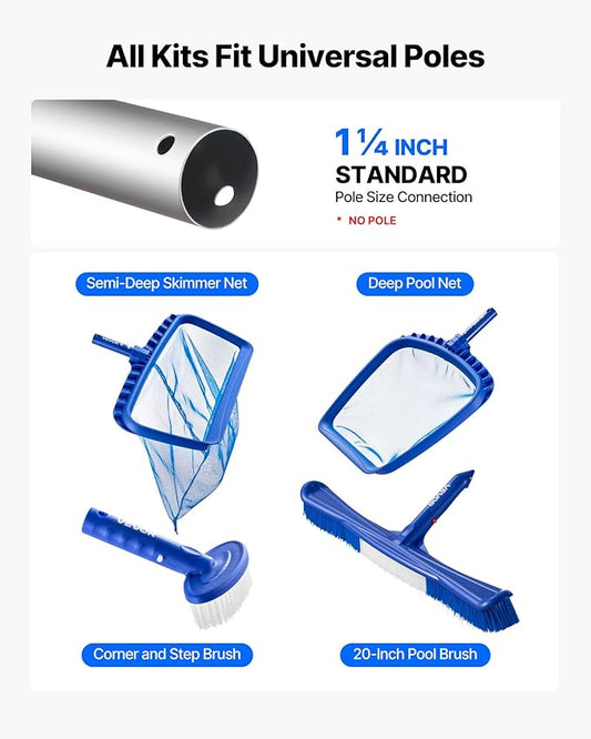 VEVOR Swimming Pool Cleaning Kit, Includes 2 Detachable Brush Heads (20 Inch / 5.5 Inch) and 2 Pool Skimmer Nets, 4-in-1 Inground/Above Ground Pools Cleaning Tools Set for Leaf, Fine Mesh, No Poles