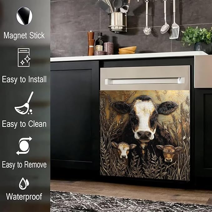 Rustic Farmhouse Cow Kitchen Decor Dishwasher Magnet Cover Decal, Wheat Field Magnetic Dish Washer Panel Door Vinyl Sticker, Refrigerator Magnets,Easy to Clean, 23 x 26 inch
