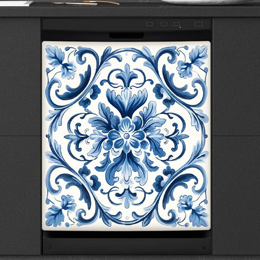 Dishwasher Magnet Cover Blue Flower Paisley Reusable Dishwasher Magnetic Cover Sticker Decorative Dish Washer Door Cover Panel for Home Kitcen Appliance, 21x26 in