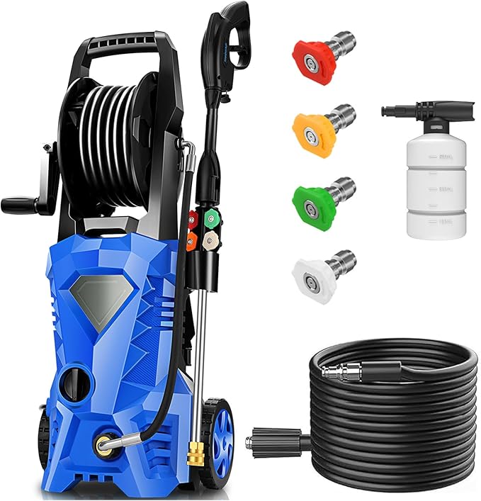 commowner𝐏𝐨𝐰𝐞𝐫 𝐖𝐚𝐬𝐡𝐞𝐫 𝟓𝟎𝟎𝟎𝐏𝐒𝐈 Portable with 33FT Pipe, 4 Nozzle Set for Home/Cars/Fences/Windows, Spphire