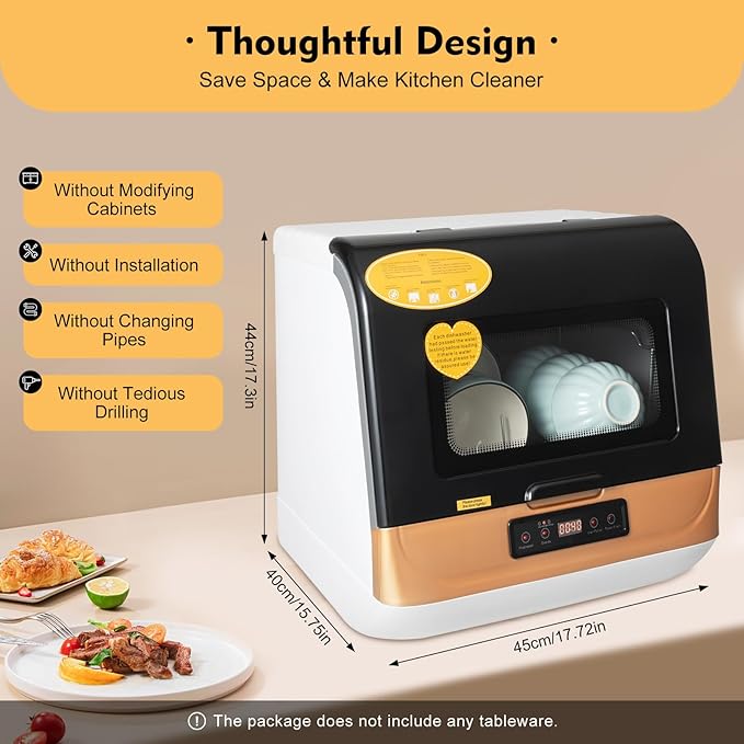 Countertop Dishwasher, 110V 800W Portable Compact Tabletop Dishwasher with 3 Washing Programs, Automatic Dish washer with Water Pipe, Cleaning Machine for Household Kitchen Apartment Boat (Gold)