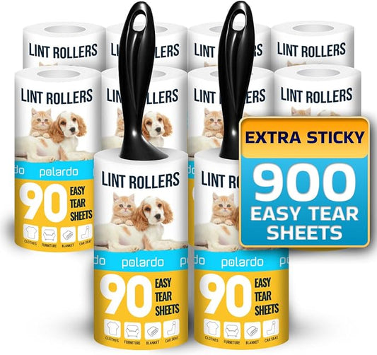 Lint Rollers 2 pcs, 900 Sticky Sheets, Extra 8 Spare Rollers/Hair Remover for Clothes, Furniture, Couch, Carpet, Dog Hair Remover, Cat Hair Remover, Animal Fur, Fuzz by Polardo