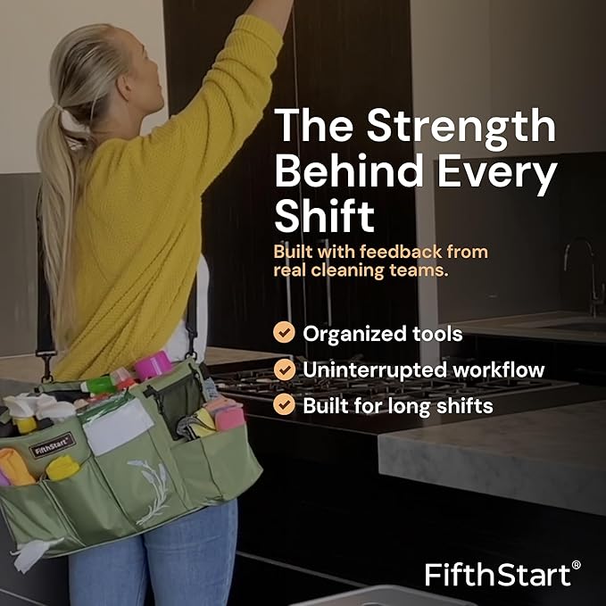 FifthStart Multiuse Cleaning Caddy w/Waist & Shoulder Strap - 9 Pockets Tote Bag for Housekeeping Gardening Fishing Bathroom Organizer Adjustable Compartments, Black Large Caddy Organizer with Handle