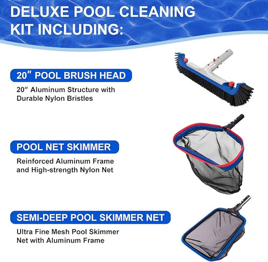POOLAZA Deluxe Swimming Pool Cleaning Kit Including 20'' Pool Brush Head & Heavy Duty Pool Nets for Cleaning (17.5''Pool Net Skimmer & Semi-deep Ultra Fine Mesh Pool Skimmer Net with Aluminum Frame)