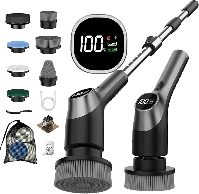WKY-G3-Electric Spin Scrubber - Upgraded 10-in-1 IPX7 Waterproof Shower Cleaner Brush, Retractable Handle & 2-Speed for Toilet, Bathroom, Bathtub, Tile Floors Black
