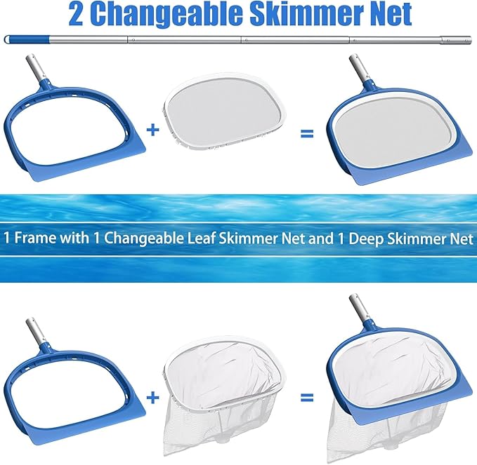 CKE Swimming Pool Cleaning Kit, Including Telescoping Swimming Pool Pole, 18.5" Rotatable Pool Brush Head, Fine Mesh Leaf Skimmer Net, 2-in-1 Pool Skimmer Net for Inground & Above Ground Pools