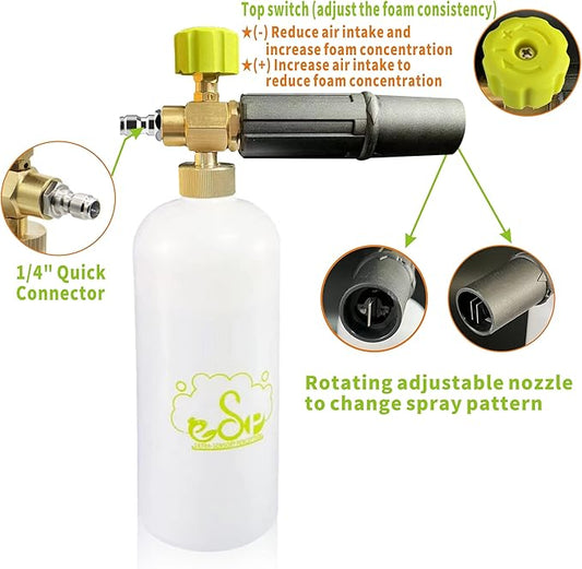 ESP Foam Cannon 1L Car Wash Foam Sprayer with 1/4" Quick Connector, 5 Nozzle Tips for Pressure Washer