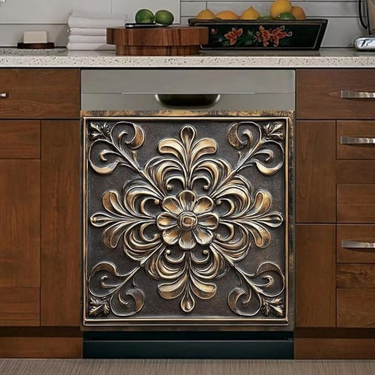 Kitchen Decor Dishwasher Magnet Cover Decal, Bronze and Gold Floral Medallion Magnetic Dish Washer Panel Door Vinyl Sticker, Refrigerator Magnets,Easy to Clean, 23 x 26 inch