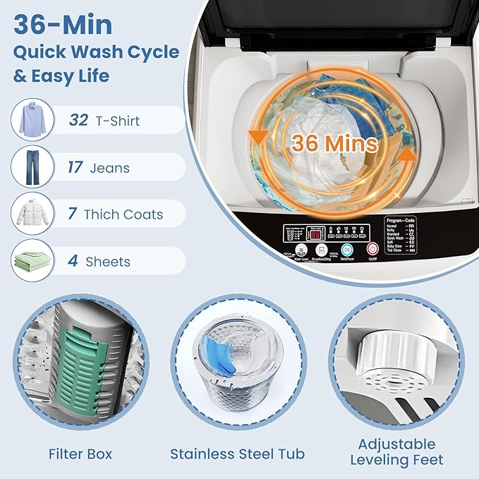 VCJ Portable Washing Machine, 35 LBS Large Capacity Full-Automatic Portable Washer with 12 Wash Cycles, 8 Water Levels & 24H Delay, Compact Electric Laundry Washer for Apartment, Dorms,RVs