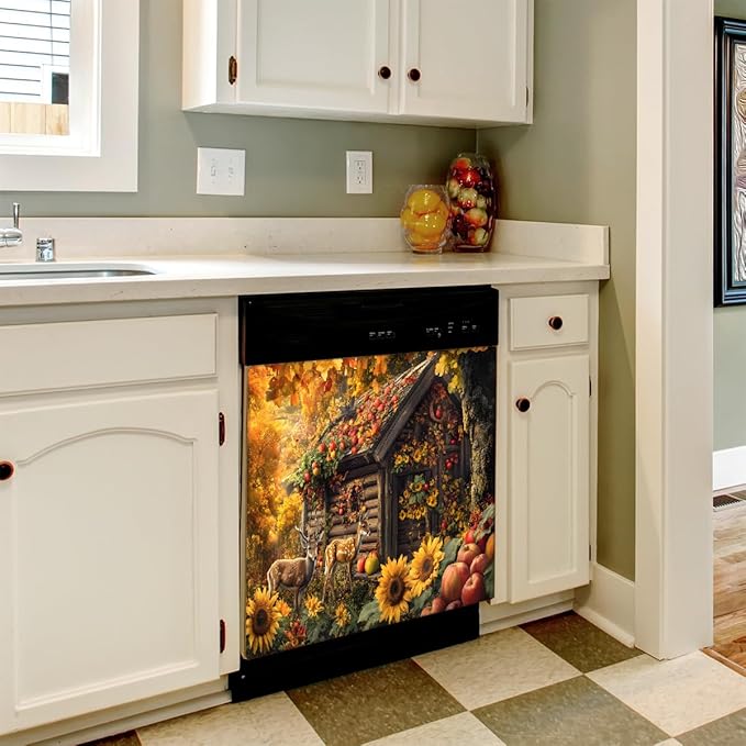 Apple Autumn House Deer Dishwasher Magnet Cover for The Front Magnetic Dishwasher Door Covers Dish Washer Sticker Wrap Home Decorative Appliances Panel Decal Kitchen Decor 23" x 26" (Magnetic)